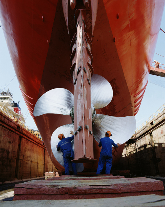 Back of ship being built in dry dock
