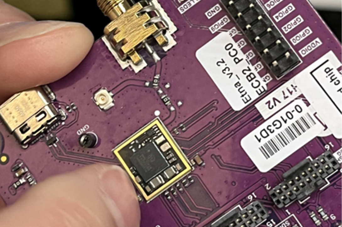 A photo of a person holding a microchip mounted on a circuit board.