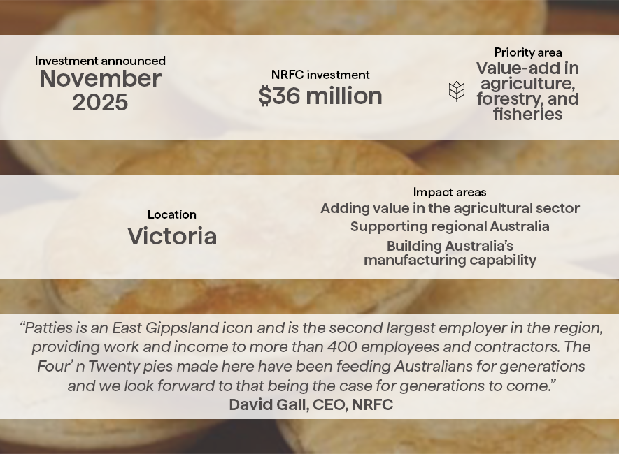 A graphic of the details of the NRFC's investment in Patties Food Group.
