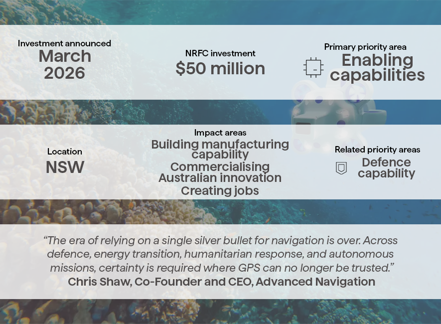 A graphic of the details of the NRFC's investment in Advanced Navigation.