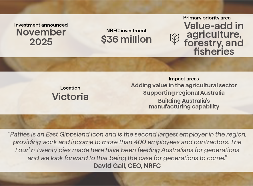 A graphic of the details of the NRFC's investment in Patties Food Group.