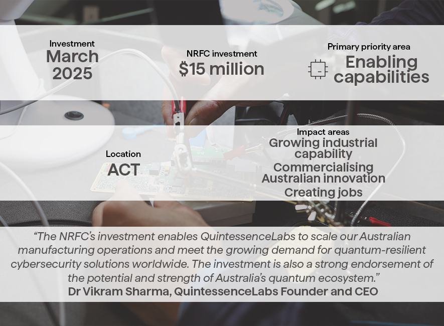 A graphic of the details of the NRFC's investment in QuintessenceLabs.