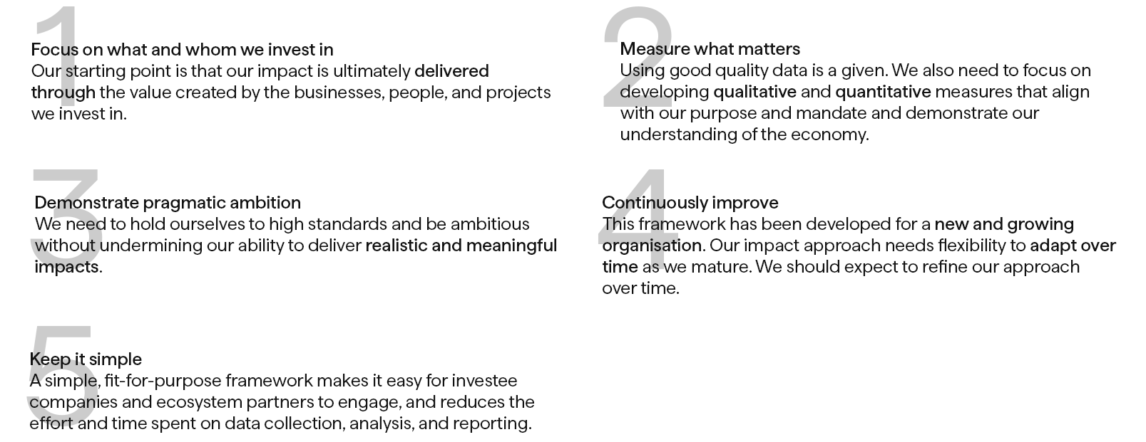 A graphic of the design principles of the NRFC's Impact Framework.