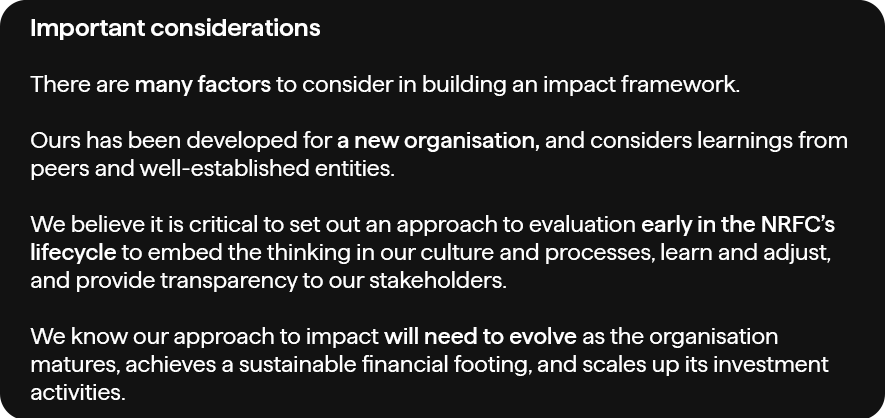 A graphic describing the important considerations associated with the NRFC's Impact Framework.