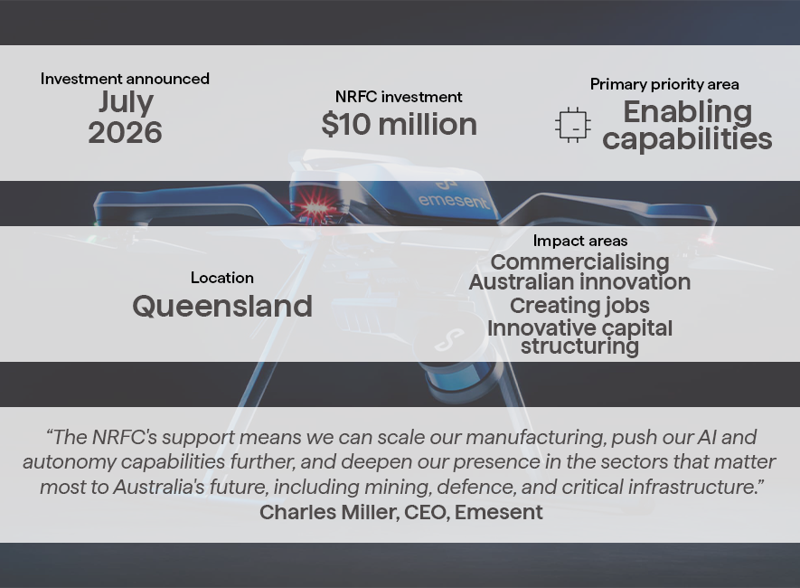 A graphic of the details of the NRFC's investment in Emesent.